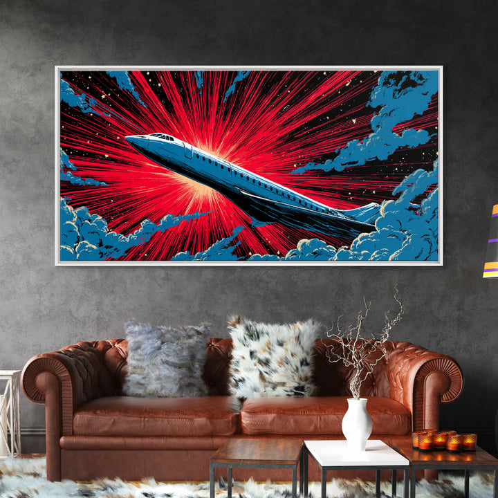 Blue Supersonic Jet With Red Starburst Canvas Print, Retro Sci Fi Poster, Mid Century Modern Wall Decor, Aviation Art Print