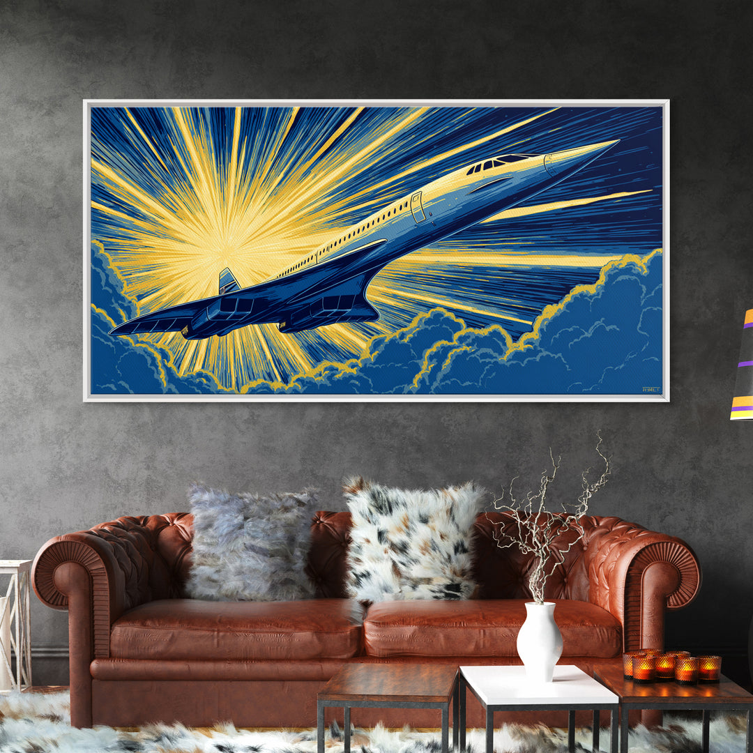 Golden Supersonic Jet Above Clouds Framed Canvas Print, Retro Sci Fi Poster, Mid Century Modern Wall Art, Aviation Decor