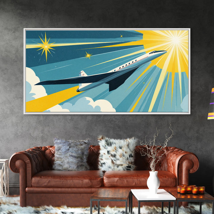 White Supersonic Jet In Sunlit Sky Canvas Print, Mid Century Modern Wall Art, Retro Travel Poster, Space Age Home Decor Print
