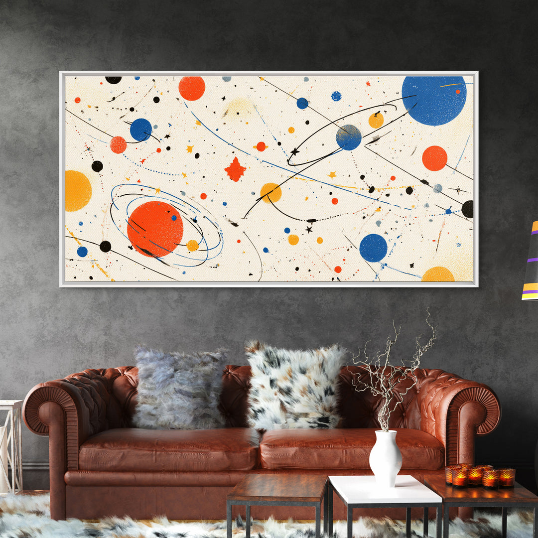 Playful Orbiting Planets And Stars Canvas Print, Atomic Mid Century Modern Wall Art, Retro Space Poster, Kids Room Decor