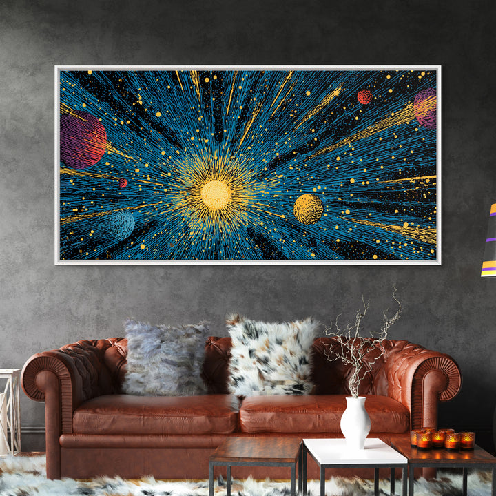 Radiant Sun And Planets In Deep Space Wall Art, Cosmic Retro Sci Fi Poster, Mid Century Modern Decor, Galaxy Print, Home Decor