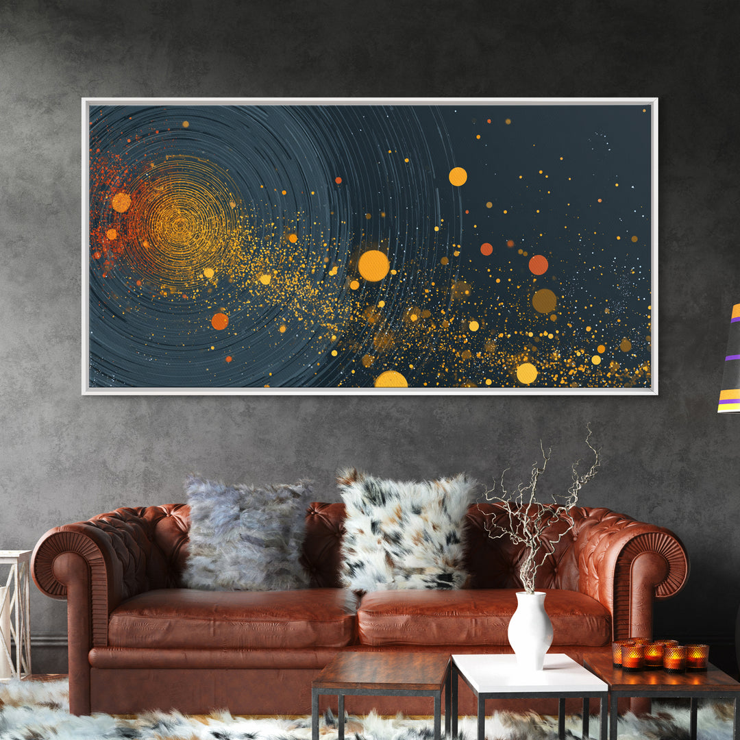 Orange Cosmic Spiral And Star Fields Framed Canvas Print, Abstract Space Wall Art, Mid Century Modern Decor, Galaxy Poster