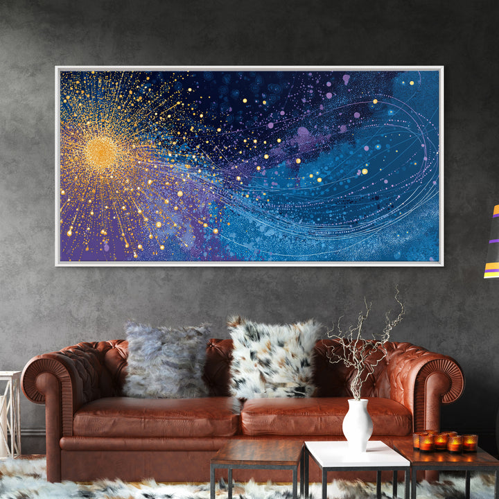 Golden Starburst Space Wave Canvas Print, Colorful Abstract Wall Art, Modern Galaxy Poster, Sci Fi Office And Living Room Decor