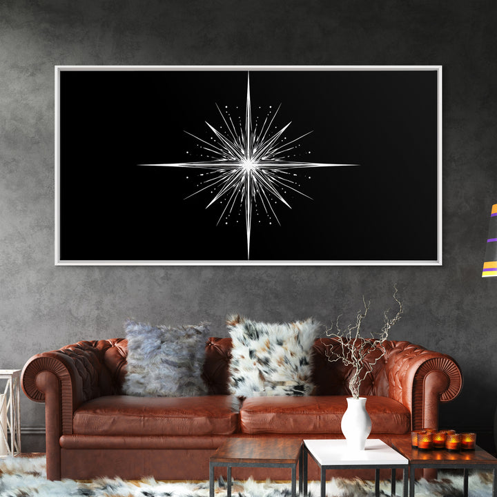 Bright North Star Wall Art, Black And White Celestial Burst Print, Minimal Geometric Poster, Modern Nautical Office Decor