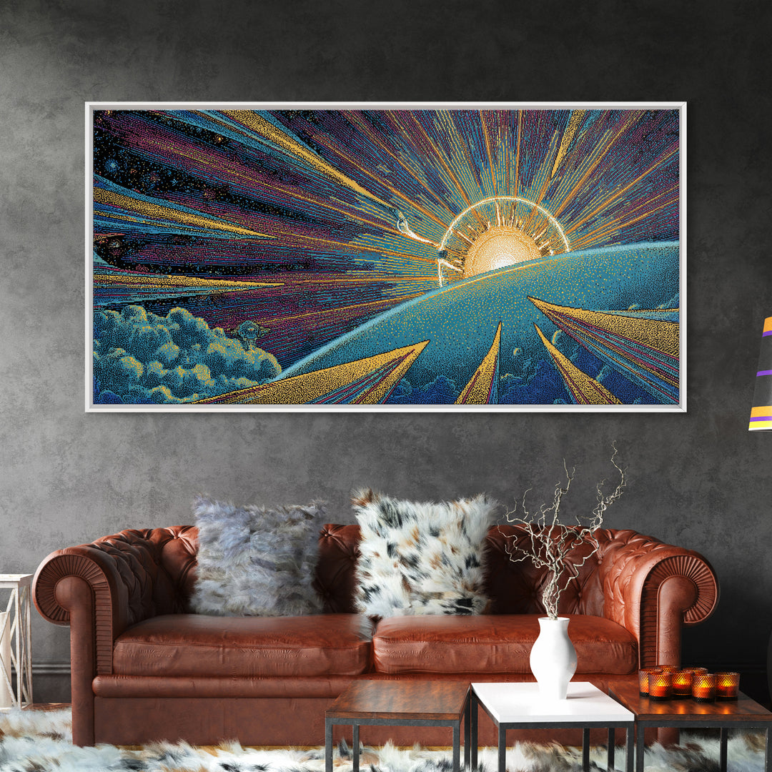 Radiant Sunrise Over Planet Wall Art, Modern Abstract Art Print, Retro Sci Fi Poster, Space Abstract Art, Colorful MCM Decor