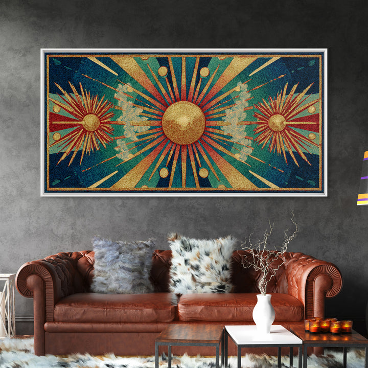 Teal Gold Art Deco Sunburst Wall Art, Midcentury Modern Art Print, Geometric Wall Decor, Retro Atomic Pattern Poster, MCM Home Decor
