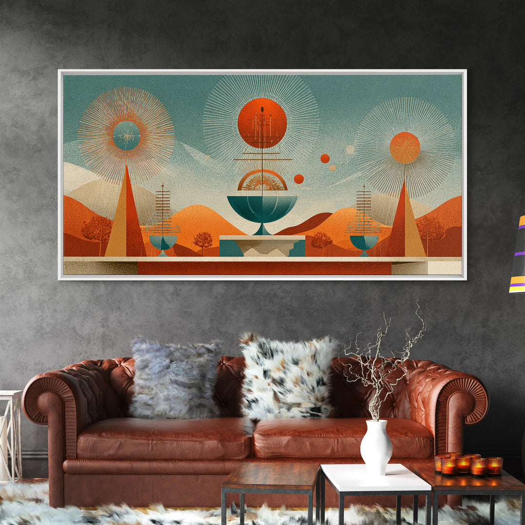 Desert Atomic Fountain Wall Art, Midcentury Modern Art Print, Palm Springs Decor, Orange Teal Geometric Poster, MCM Decor