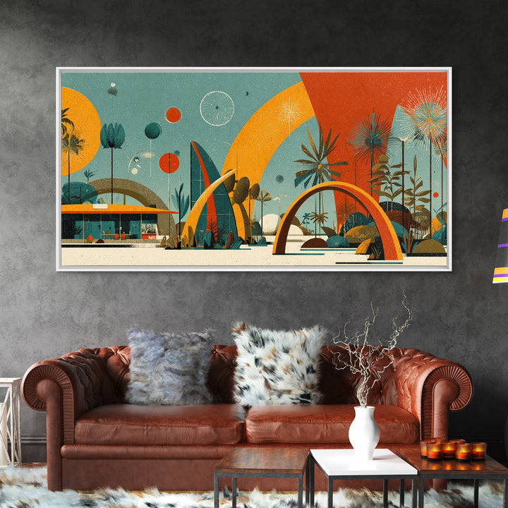 Atomic Desert Resort With Palms And Arches Wall Art, Midcentury Modern Print, Retro Space Age Poster, MCM Home Decor Gift