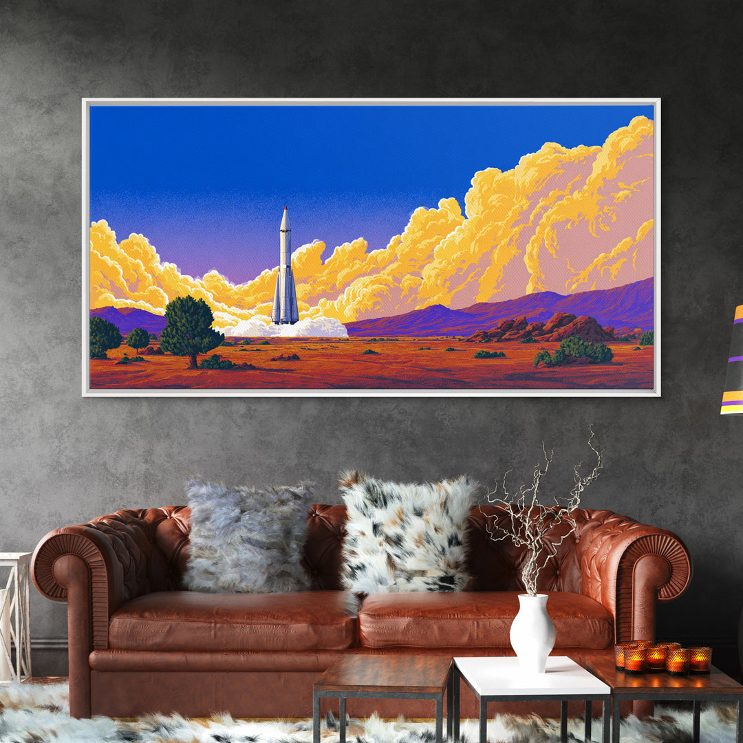 Desert Rocket Launch With Golden Clouds Framed Canvas Print, Retro Sci Fi Poster, Midcentury Modern Wall Art Decor, Gift