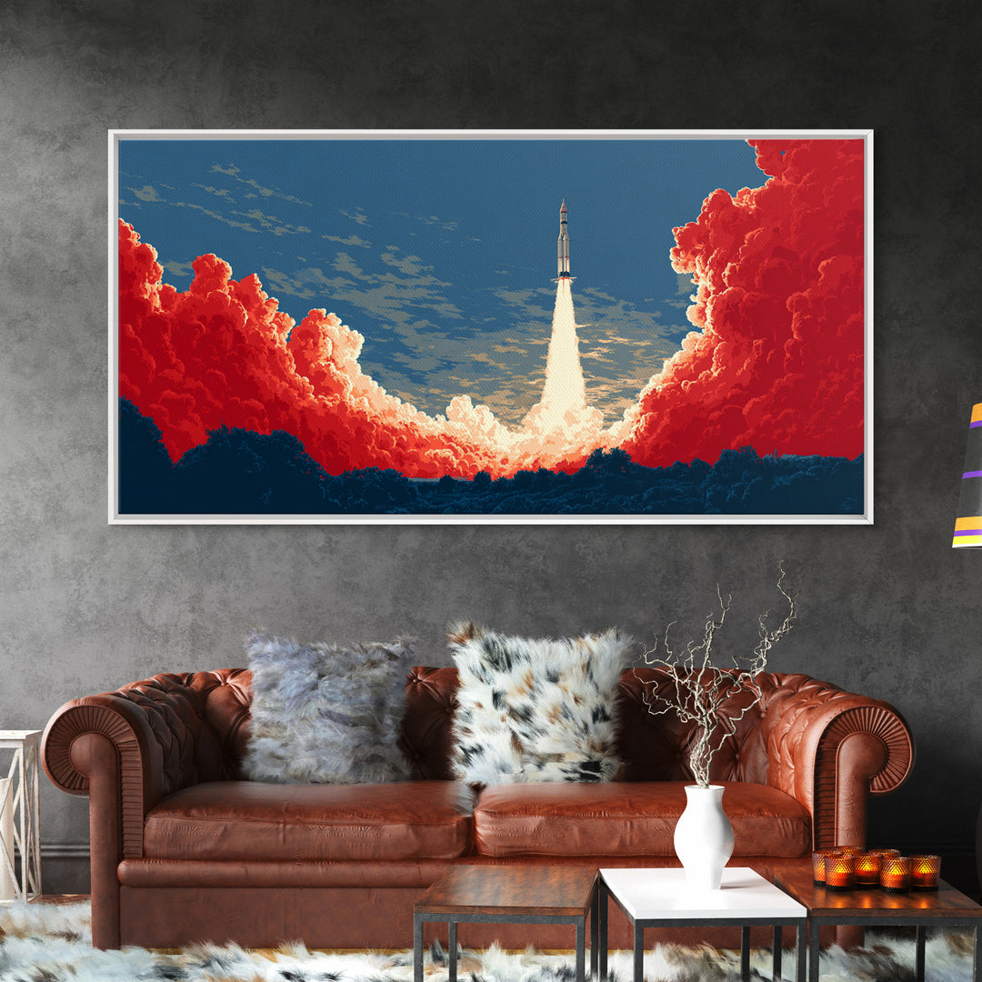 Rocket Launch Through Red Clouds Canvas Print, Retro Sci Fi Poster, Mid Century Modern Wall Art, Bold Space Decor Gift For Him