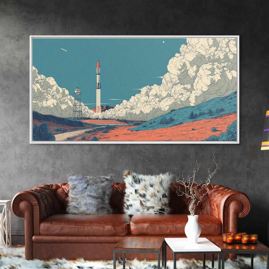 Moonlit Rocket Pad In Blue Desert Wall Art, Midcentury Modern Space Poster, Retro Sci Fi Print, MCM Office Decor Gift Idea