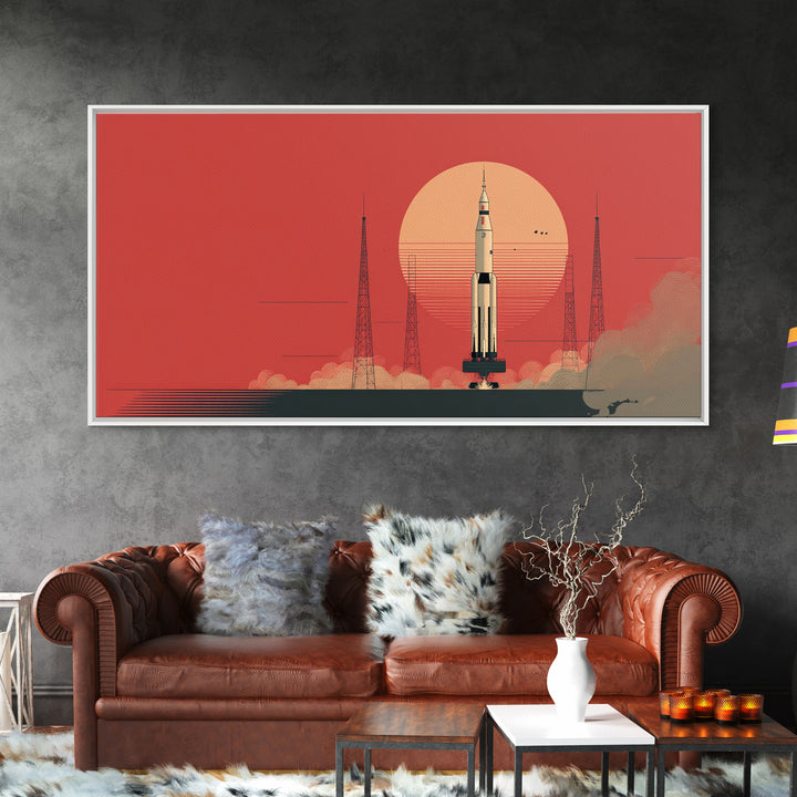 Rocket Launch With Coral Sun Canvas Print, Midcentury Modern Space Age Poster, Atomic Wall Art, Retro Home Decor Gift Idea