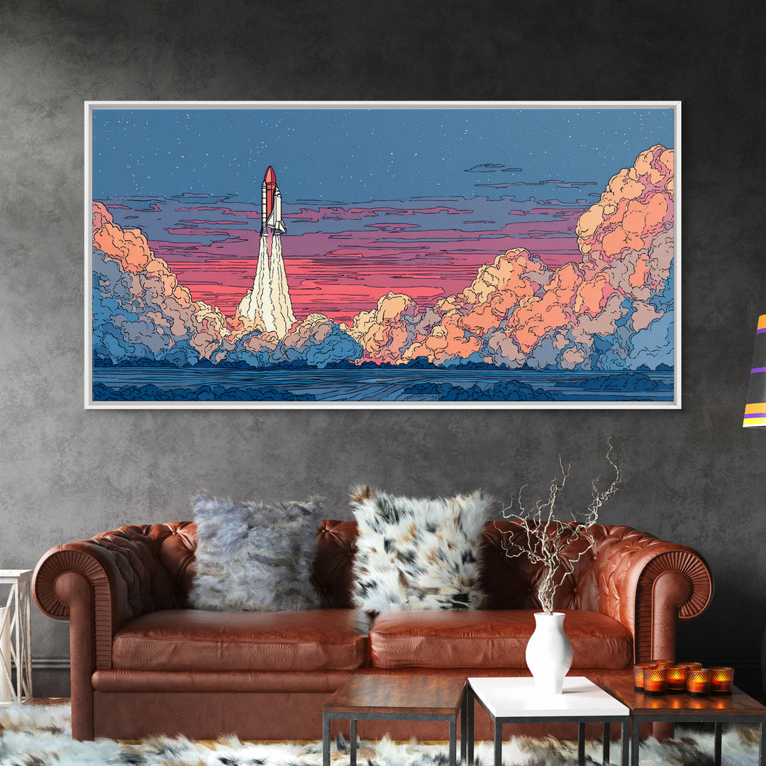 Twilight Rocket Launch Over Ocean Clouds Wall Art, Retro Sci Fi Poster, Mid Century Modern Print, Starry Space Decor Gift