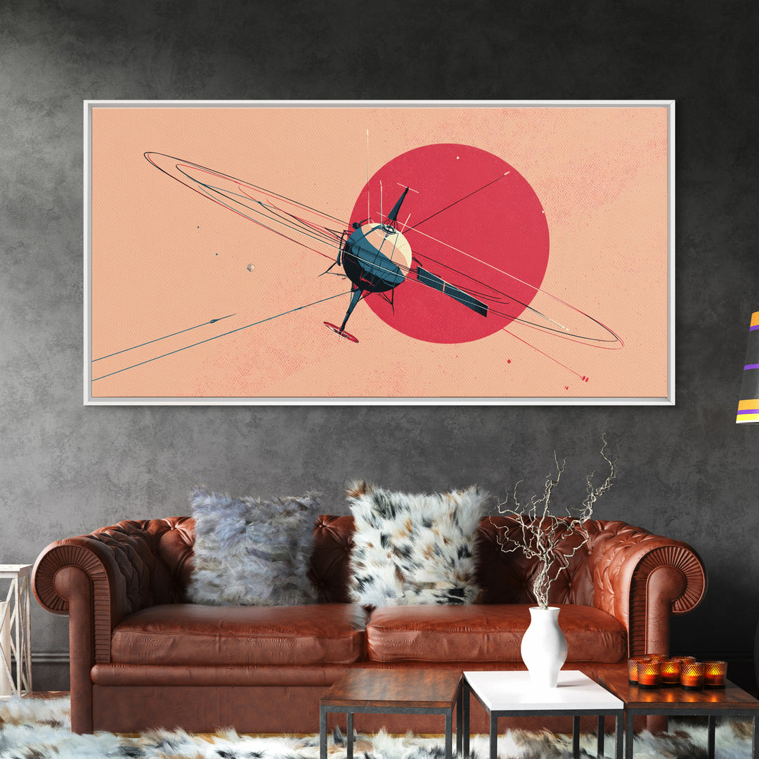 Retro Satellite Orbiting Pink Planet Canvas Print, Midcentury Modern Space Poster, Atomic Sci Fi Wall Art Decor Gift For Him
