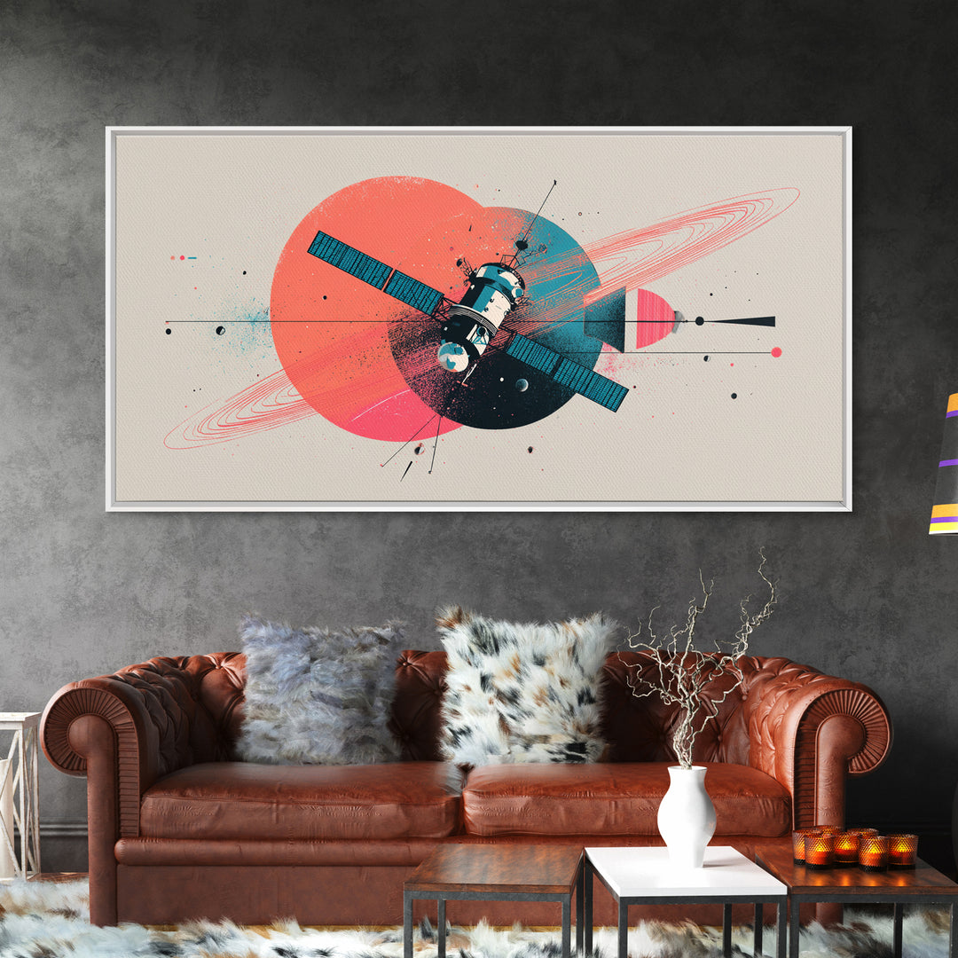 Abstract Satellite And Ringed Planet Wall Art, Midcentury Modern Space Poster, Retro Atomic Print, Modern Home Decor Gift