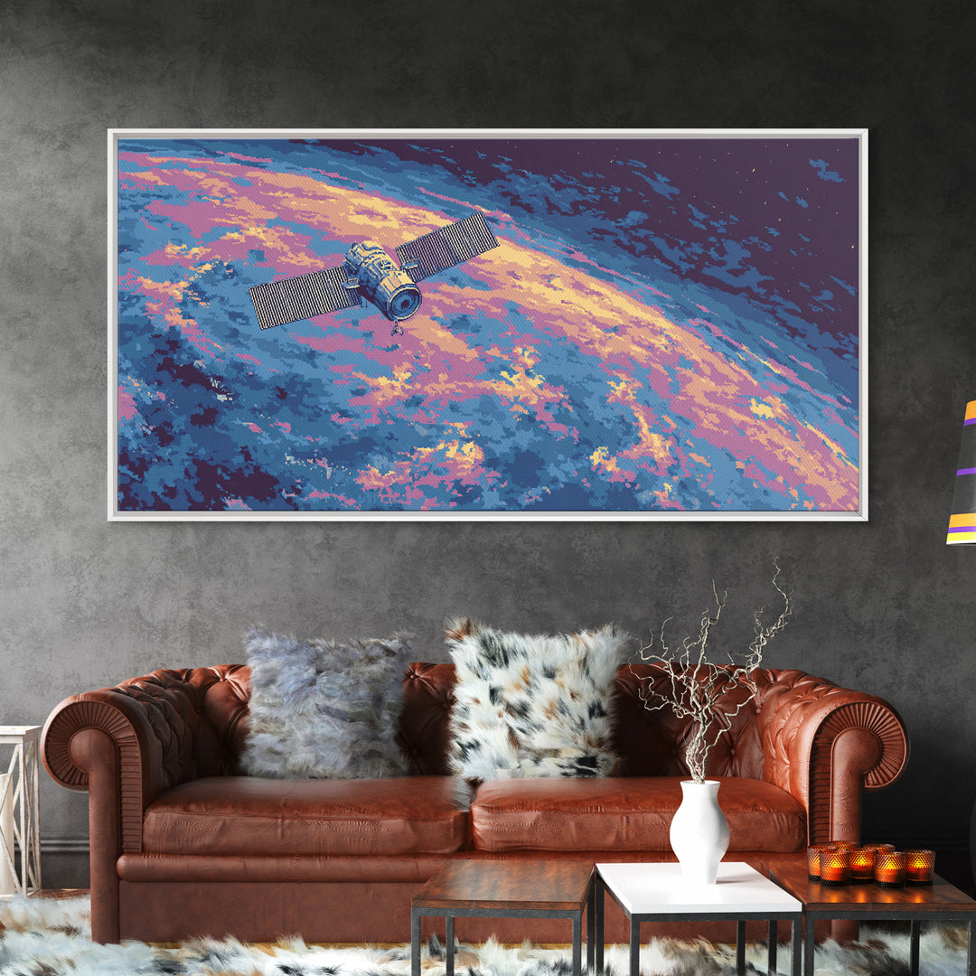 Pixel Satellite Above Colorful Earth Wall Art, Retro Sci Fi Space Poster, Modern Astronaut Decor, Cosmic Digital Art Print