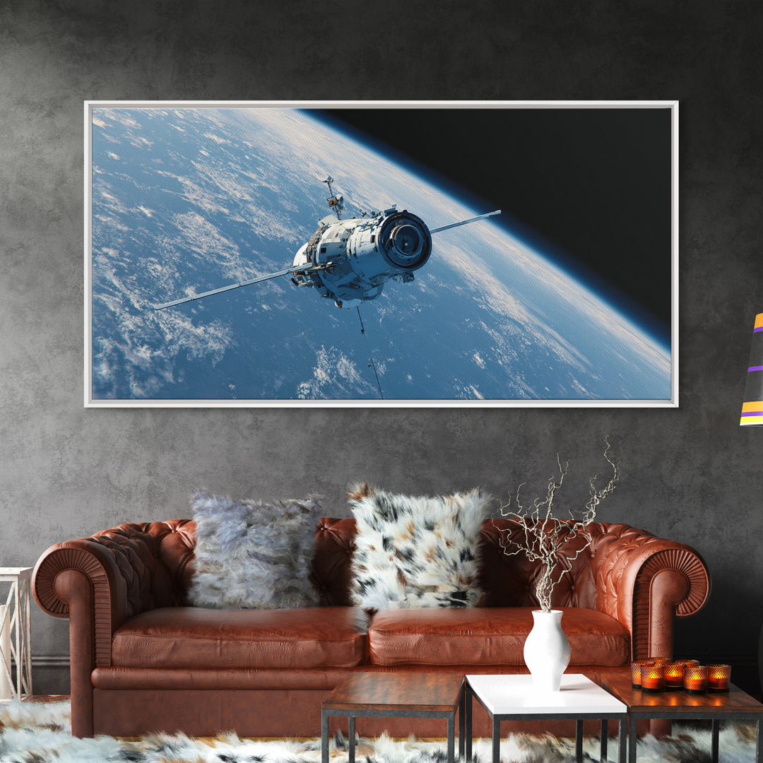 Realistic Spacecraft Orbiting Blue Earth Canvas Print, Modern Space Wall Decor, Satellite Poster, Sci Fi Office Artwork Gift