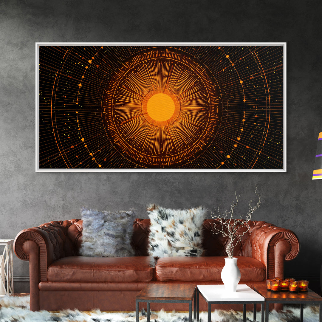 Orange Solar Mandala Interface Wall Art, Retro Sci Fi Circle Poster, Atomic Midcentury Modern Decor, Geometric Sun Print