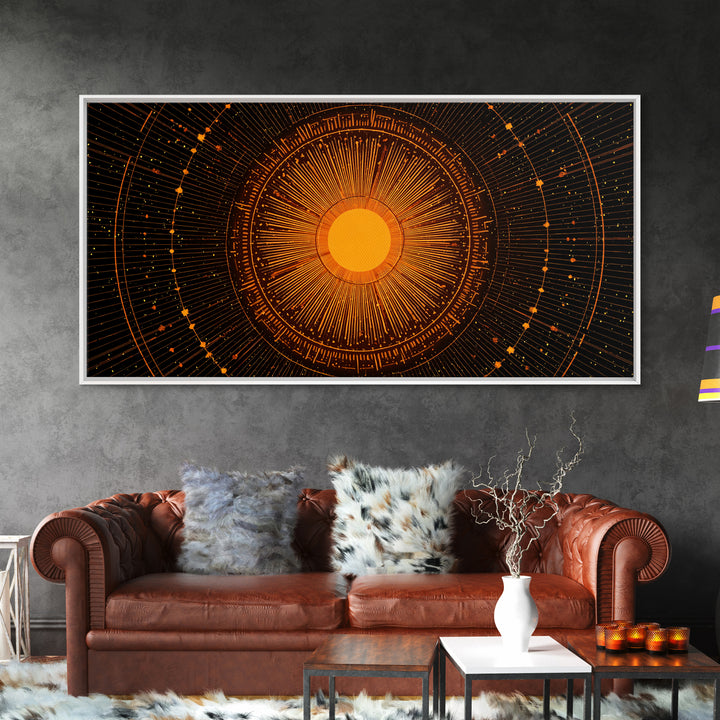 Orange Solar Mandala Interface Wall Art, Retro Sci Fi Circle Poster, Atomic Midcentury Modern Decor, Geometric Sun Print