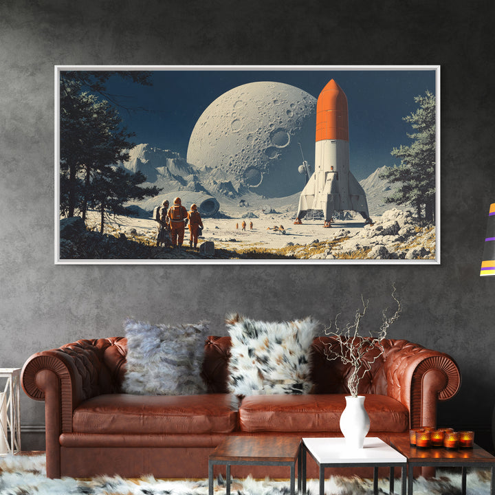 Moon Base Astronauts With Orange Rocket Framed Canvas Print, Retro Space Wall Art, Sci Fi Lunar Landscape Poster Decor Gift