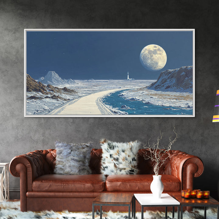 Blue Lunar Coastline With Full Moon Wall Art, Retro Sci Fi Landscape Poster, Space Travel Print, Modern Home Office Decor