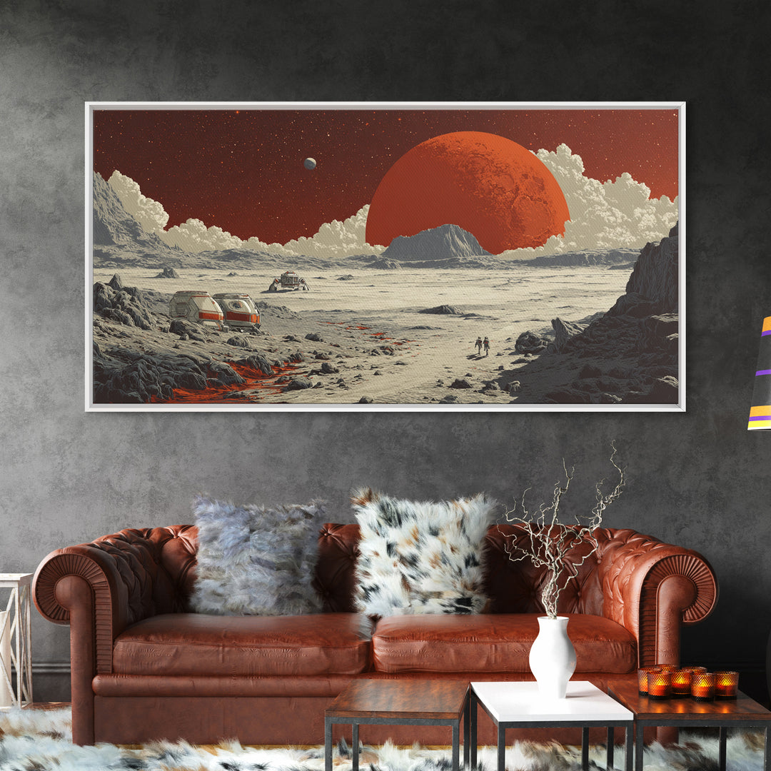 Red Planet Colony With Rovers Canvas Print, Retro Sci Fi Desert Landscape Wall Art, Mars Exploration Poster, Space Decor