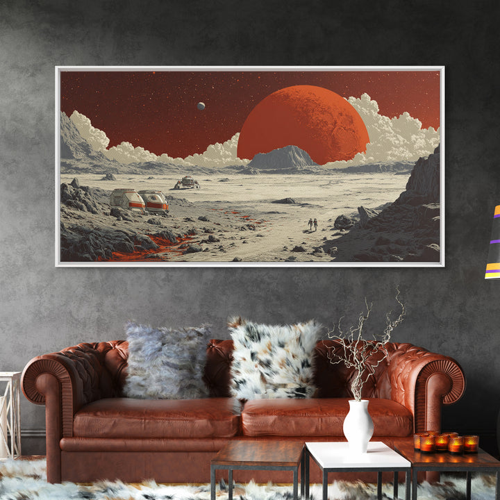 Red Planet Colony With Rovers Canvas Print, Retro Sci Fi Desert Landscape Wall Art, Mars Exploration Poster, Space Decor