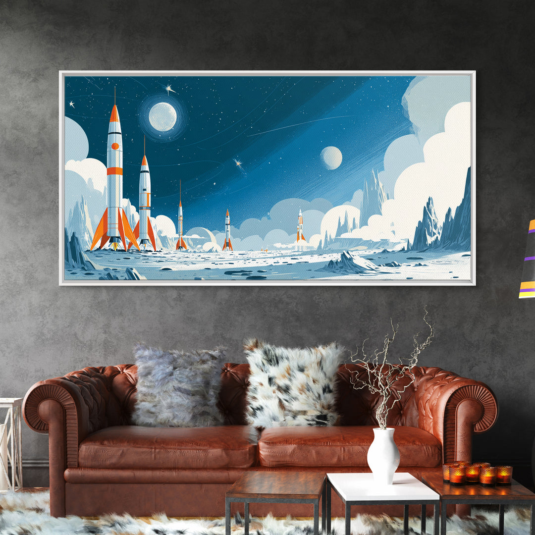 Whimsical Rocket Fleet On Icy Moon Wall Art, Retro Sci Fi Space Poster, Blue Nursery Decor, Midcentury Modern Print Gift