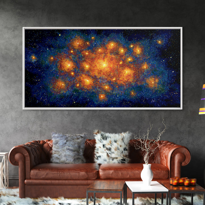 Orange Blue Cosmic Nebula Abstract Canvas Print, Space Abstract Art, Modern Wall Decor, Bright Galaxy Home Office Poster