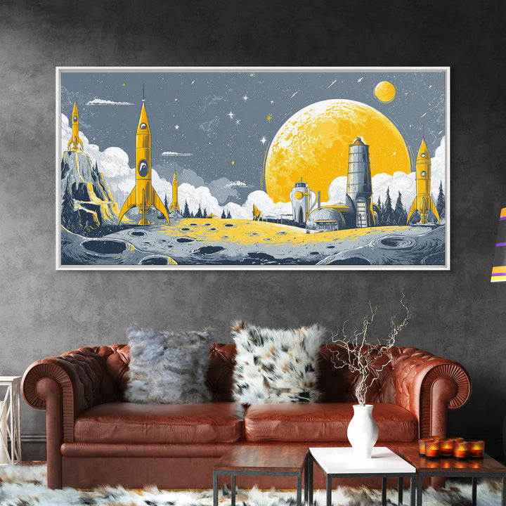 Yellow Lunar Colony With Retro Rockets Canvas Print, Midcentury Modern Space Wall Art, Moon Base Poster, Atomic Home Decor