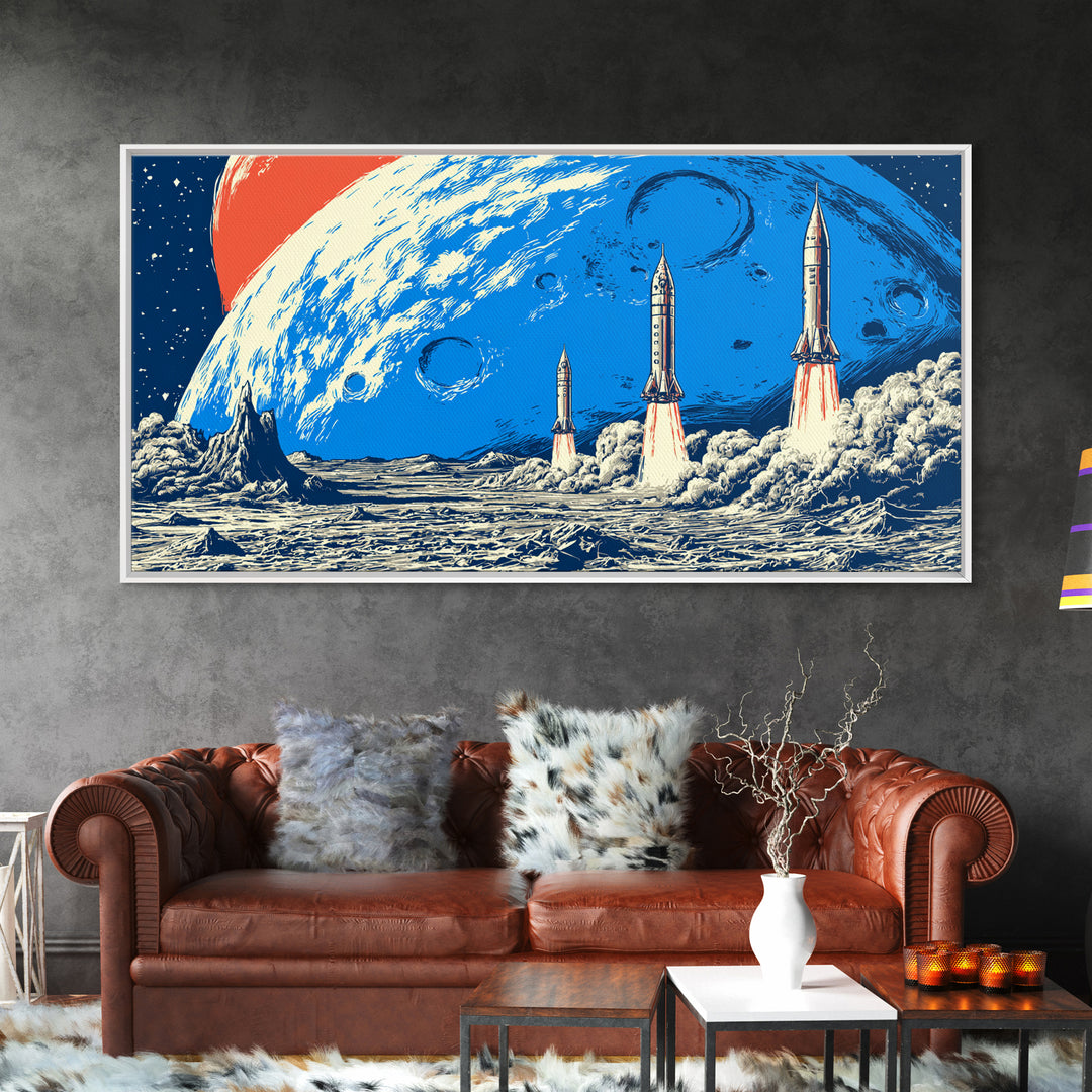 Retro Sci Fi Rocket Launch On Blue Moon Canvas Print, Midcentury Modern Space Poster, Cosmic Wall Decor, MCM Artwork Gift