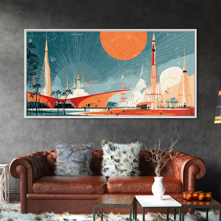 Futuristic Spaceport With Orange Sun Framed Canvas Print, Midcentury Modern Wall Art, Atomic Retro Decor, MCM Poster Gift