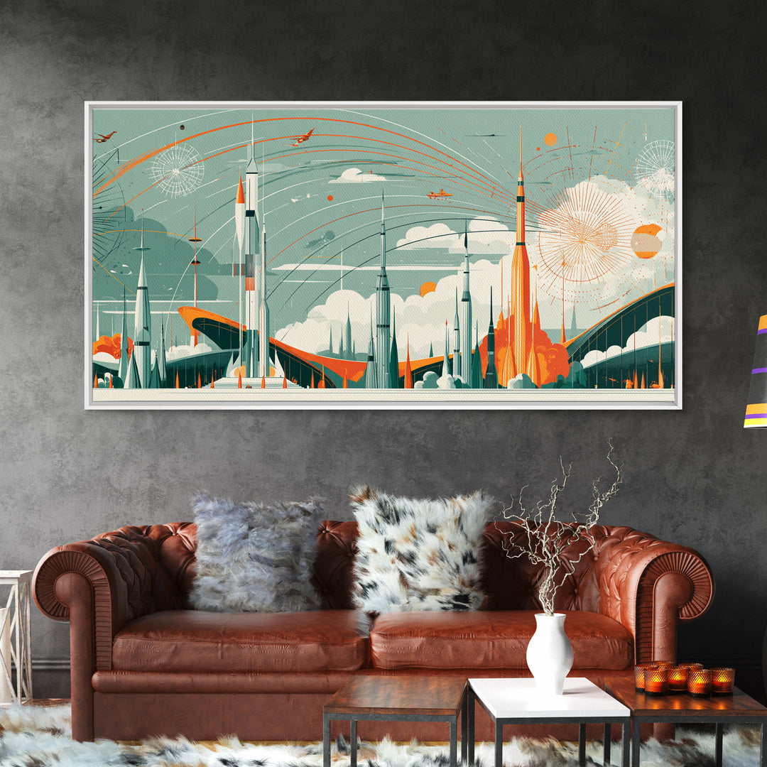 Retro Rocket City With Arcing Skies Canvas Print, Midcentury Modern Wall Art, Space Age Poster, Atomic MCM Home Decor Gift