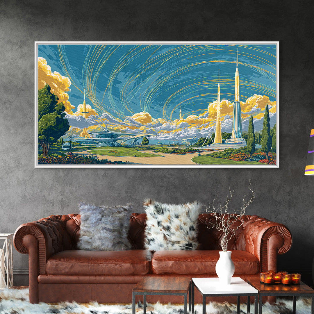 Utopian Spaceport Landscape With Golden Clouds Wall Art, Midcentury Modern Canvas Print, Retro Futurist Poster, MCM Decor