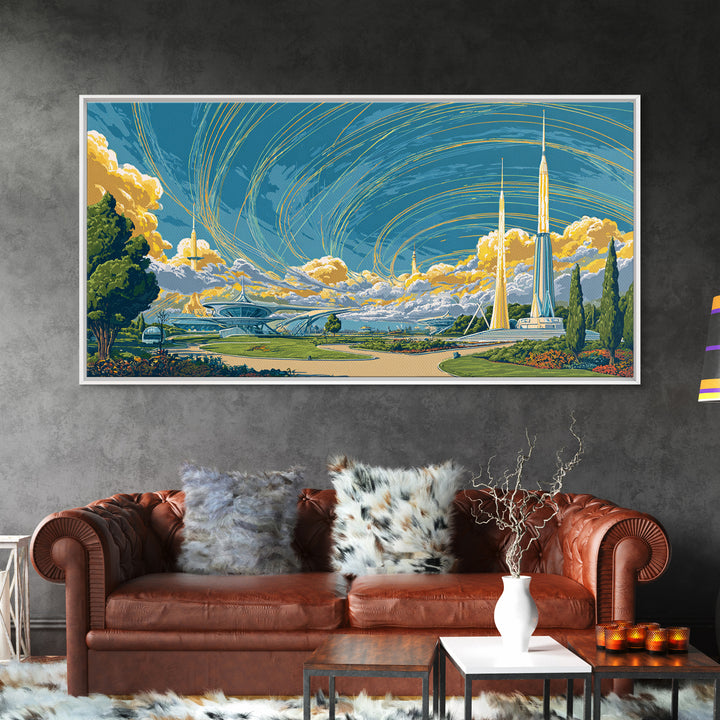 Utopian Spaceport Landscape With Golden Clouds Wall Art, Midcentury Modern Canvas Print, Retro Futurist Poster, MCM Decor