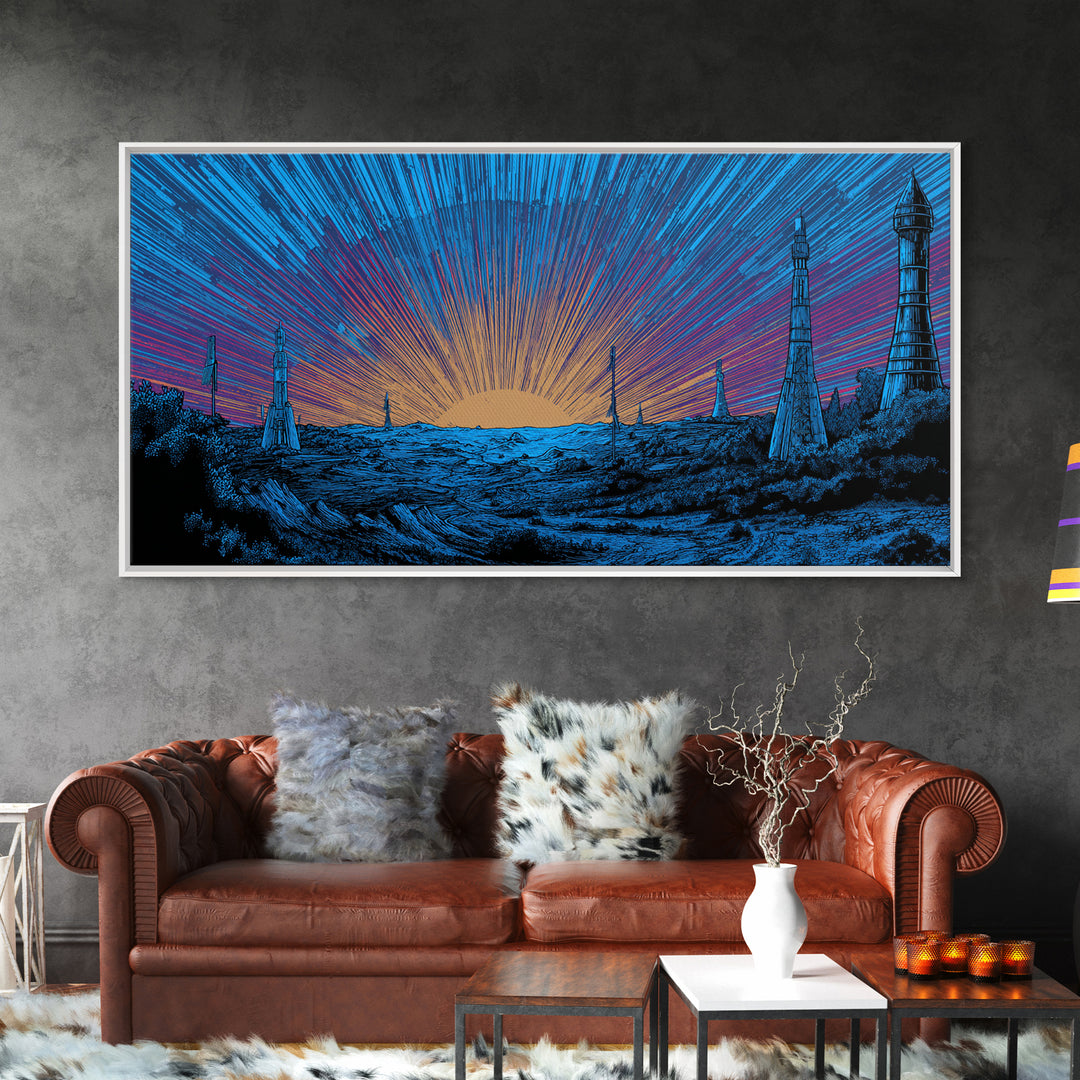 Blue Cosmic Sunrise Over Sci Fi Towers Canvas Print, Midcentury Modern Wall Art, Retro Space Poster, Bold MCM Decor Gift