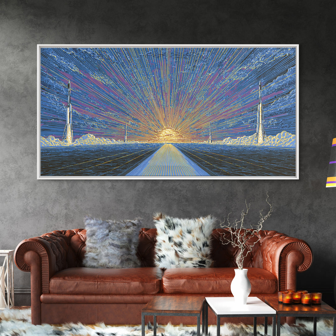 Radiant Rocket Road At Spaceport Sunrise Wall Art, Midcentury Modern Canvas Print, Retro Futurist Poster, MCM Home Decor