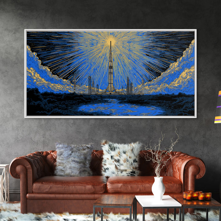 Rocket Launch Tower Beneath Starburst Sky Framed Canvas Print, Midcentury Modern Wall Art, Atomic Retro Space Decor Gift
