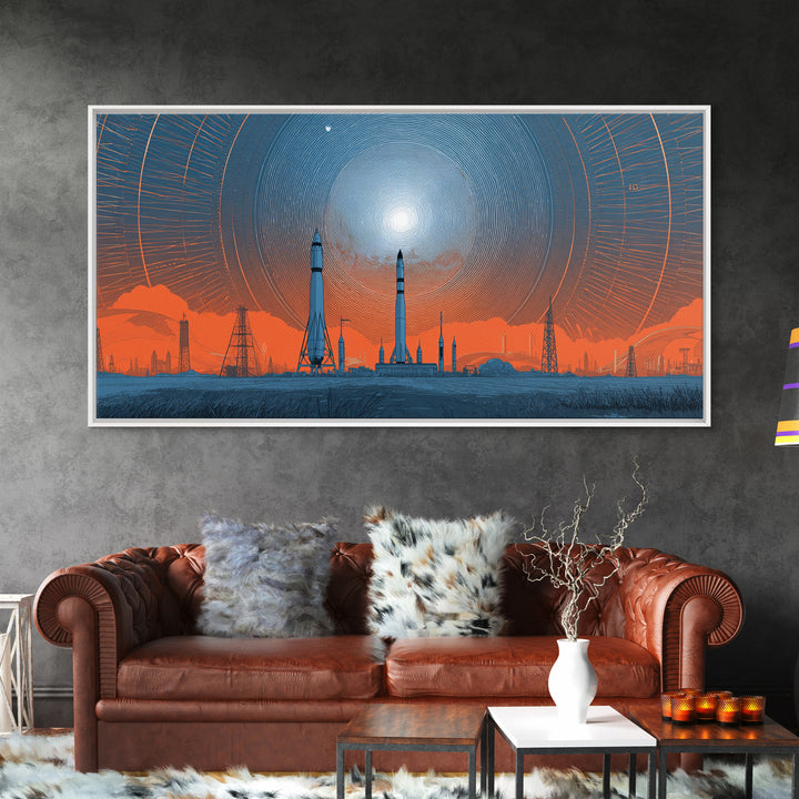 Orange Spaceport Skyline With Radiant Sun Wall Art, Midcentury Modern Canvas Print, Retro Futurist Poster, Industrial MCM Decor