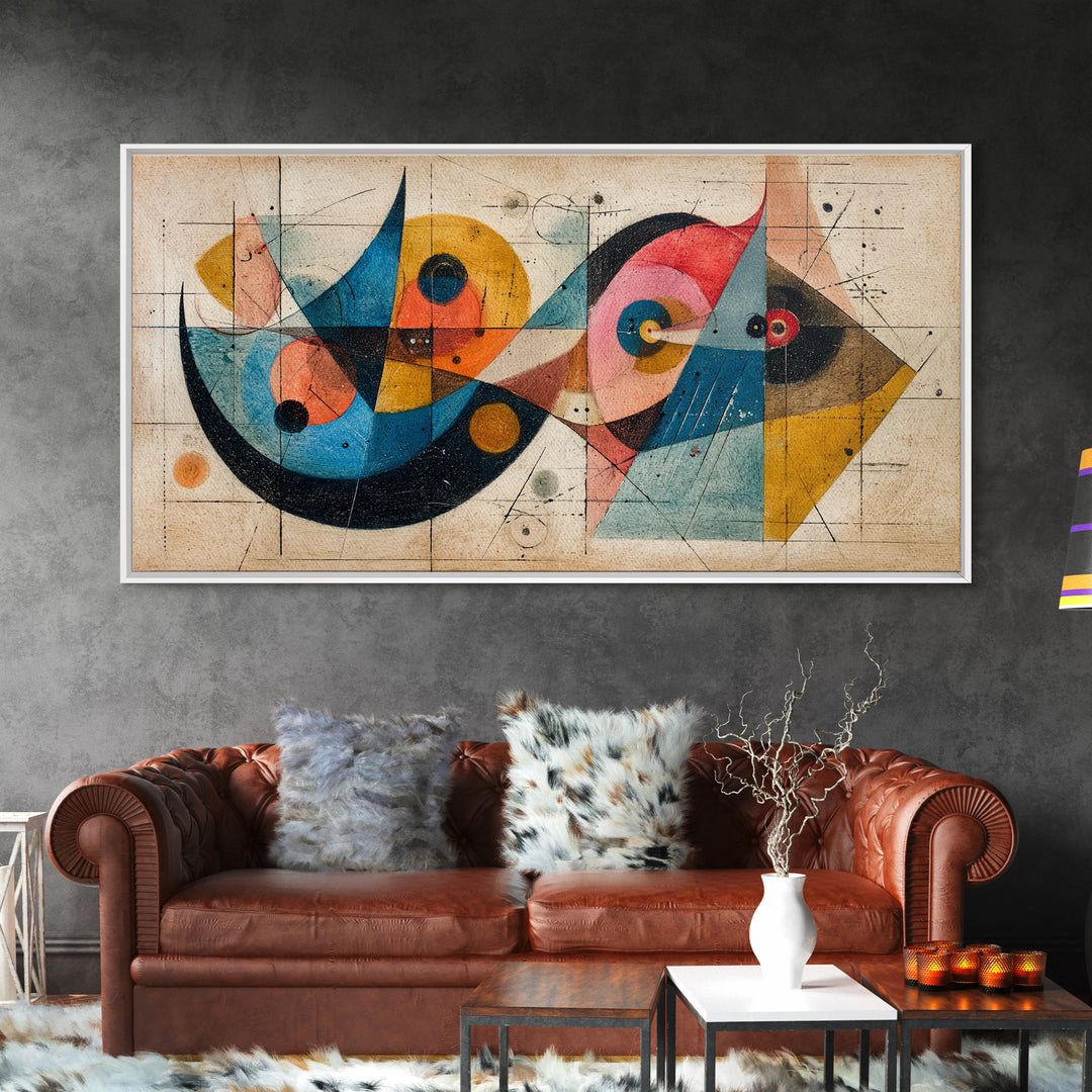 Abstract Bauhaus Fish Shapes In Teal Yellow Pink Wall Art, Midcentury Modern Canvas Print, Geometric Retro Decor, MCM Poster