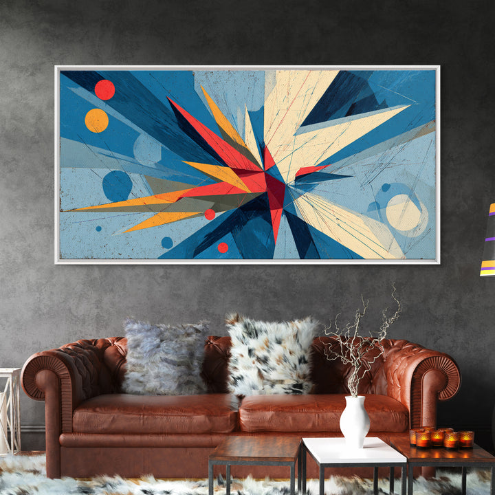 Blue Geometric Starburst Abstract Canvas Print, Midcentury Modern Wall Art, Bauhaus Poster, Bold Colorblock Home Decor Gift