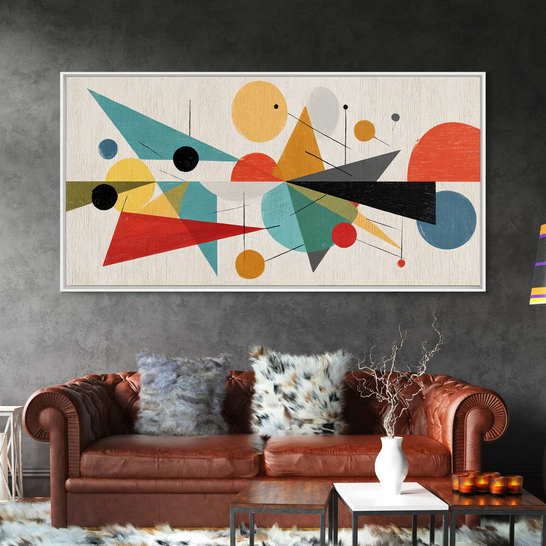 Playful Circles And Triangles Framed Canvas Print, Midcentury Modern Art, Colorful Geometric Wall Decor, Abstract Poster