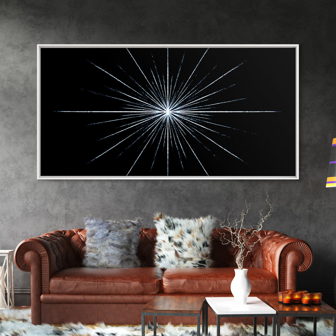 White Blue Minimal Starburst Canvas Print, Modern Abstract Art, Geometric Wall Art, Black Space Abstract Art, Office Decor