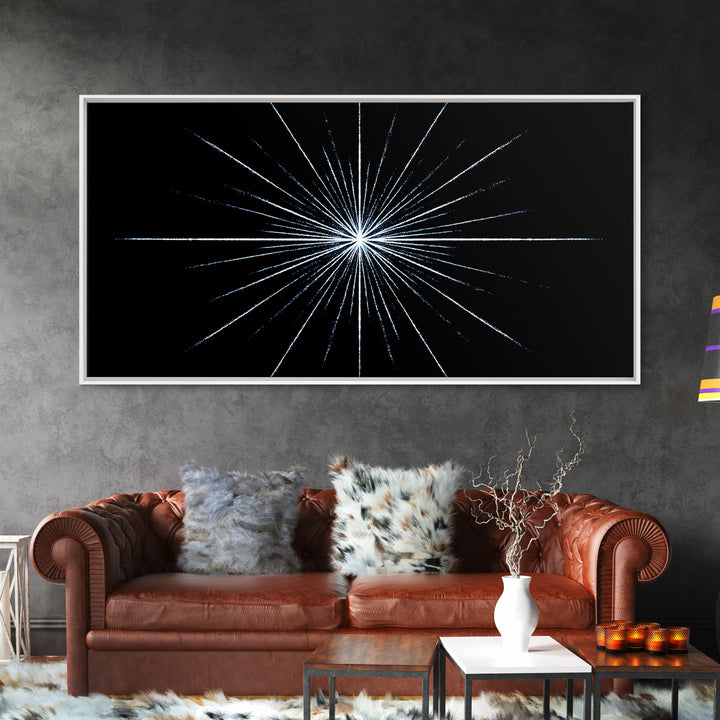 White Blue Minimal Starburst Canvas Print, Modern Abstract Art, Geometric Wall Art, Black Space Abstract Art, Office Decor
