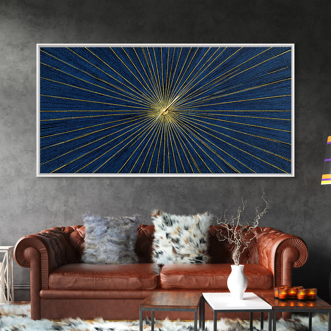 Blue Gold Radiating Op Art Wall Art, Midcentury Modern, Geometric Abstract Print, Atomic Sunburst, Modern Wall Decor, Living Room Art