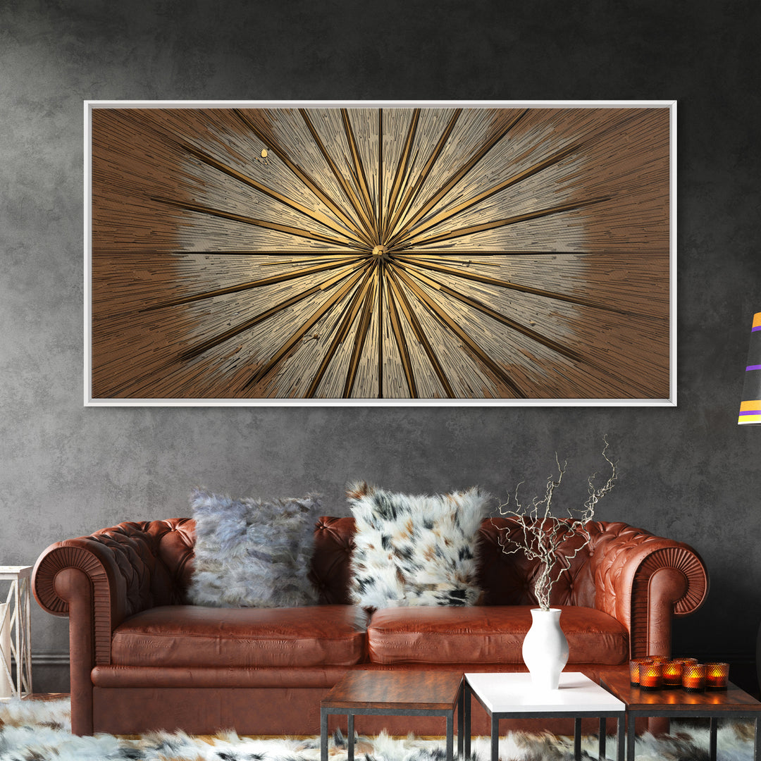 Brown Gold Woodgrain Sunburst Framed Canvas Print, Midcentury Modern Art, Neutral Wall Decor, Geometric Abstract Poster Art