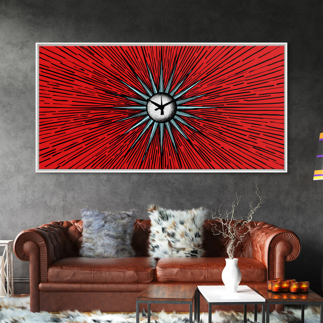 Red Atomic Starburst Clock Wall Art, Mid Century Modern Decor, Retro Sci Fi Poster, MCM Abstract Print, Bold Office Decor