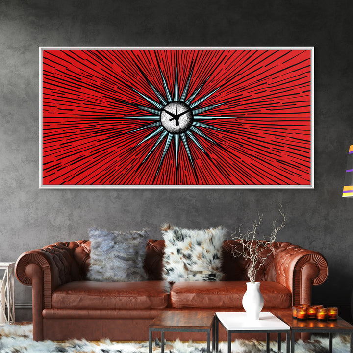 Red Atomic Starburst Clock Wall Art, Mid Century Modern Decor, Retro Sci Fi Poster, MCM Abstract Print, Bold Office Decor