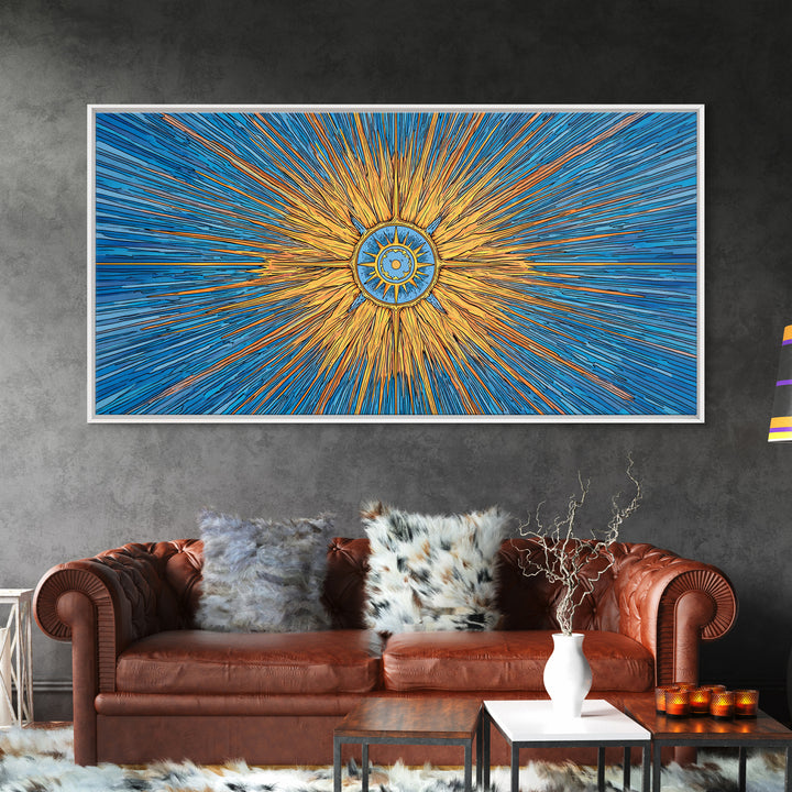 Blue Gold Solar Compass Canvas Print, Mid Century Modern Wall Decor, Atomic Sunburst Poster, Celestial Abstract Art, Office Decor