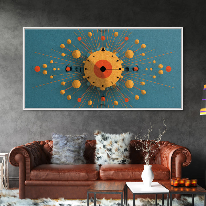 Teal Gold Atomic Clock Framed Canvas Print, Mid Century Modern Wall Art, Retro Space Age Poster, MCM Geometric Office Decor